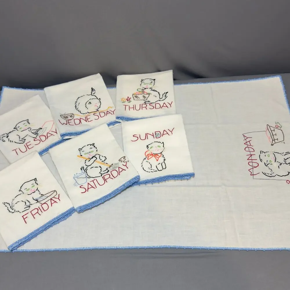 VINTAGE Embroidered Cat Kitten Days of The Week Handtowel Complete Set of 7